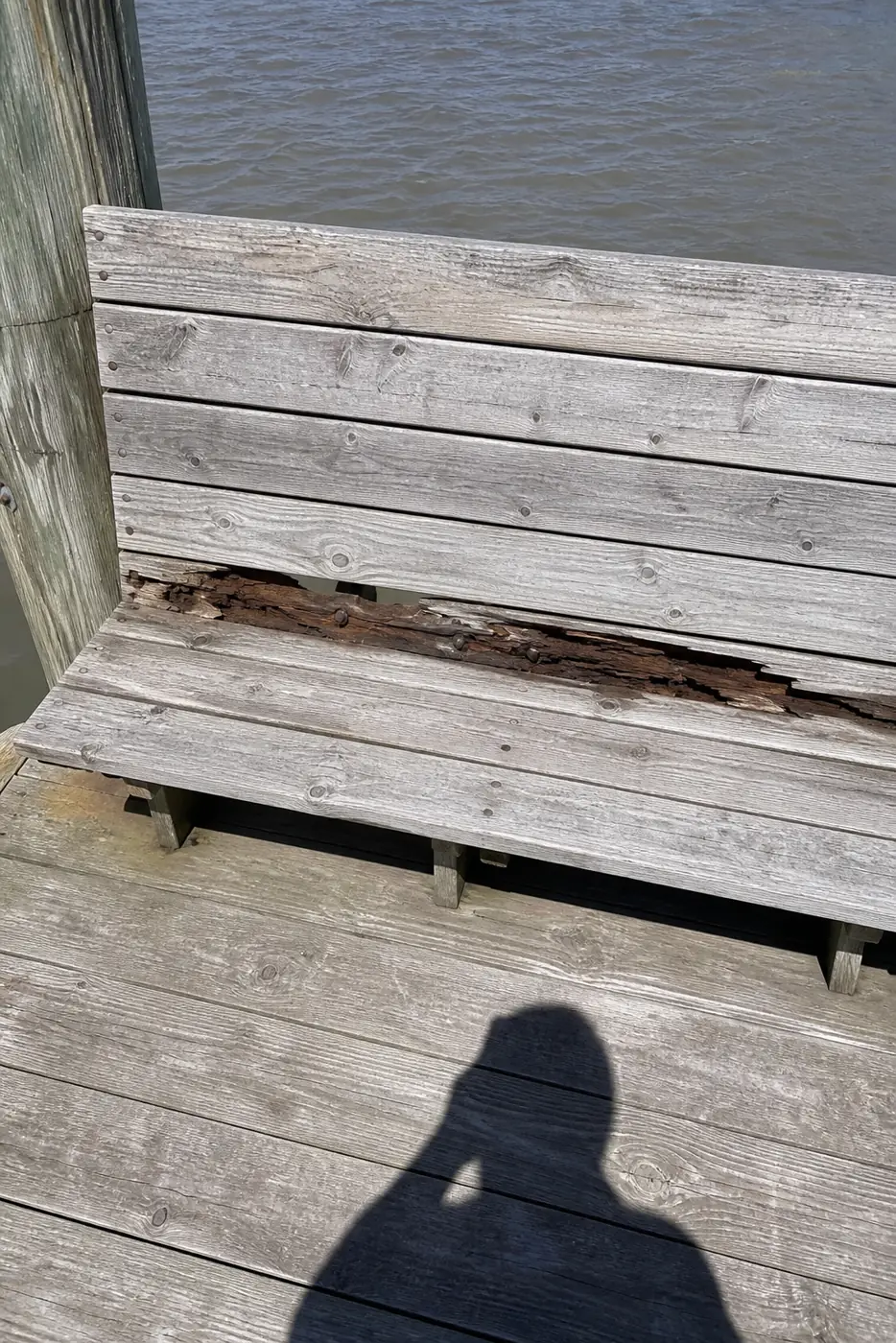 Weathered pier bench with wood rot, a common reason for repair